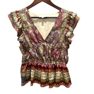 Ciebon Womens Paisley Chevron Peplum Blouse Ruffle Sleeve V-Neck Small